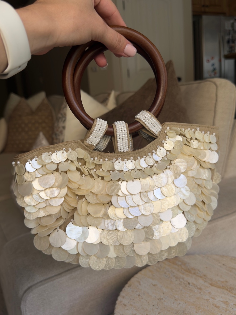 Beaded Shell Disc Handbag with Wood Ring Handles - Cream.
